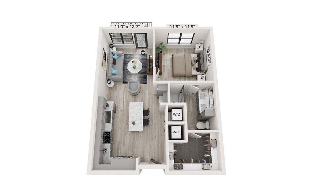 A2 - 1 bedroom floorplan layout with 1 bathroom and 717 square feet