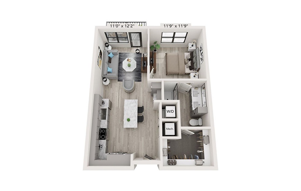 A2 - 1 bedroom floorplan layout with 1 bath and 717 square feet.