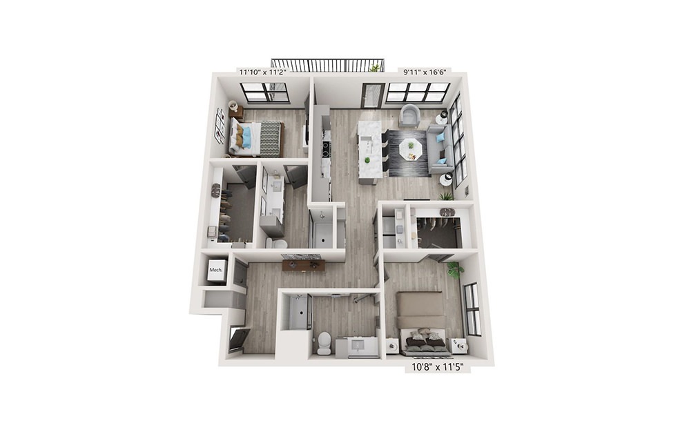 B3 - 2 bedroom floorplan layout with 2 bathrooms and 1136 square feet