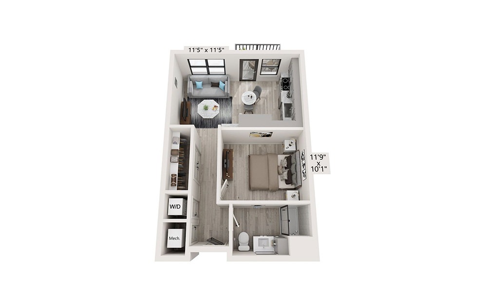 E1 - 1 bedroom floorplan layout with 1 bathroom and 590 square feet