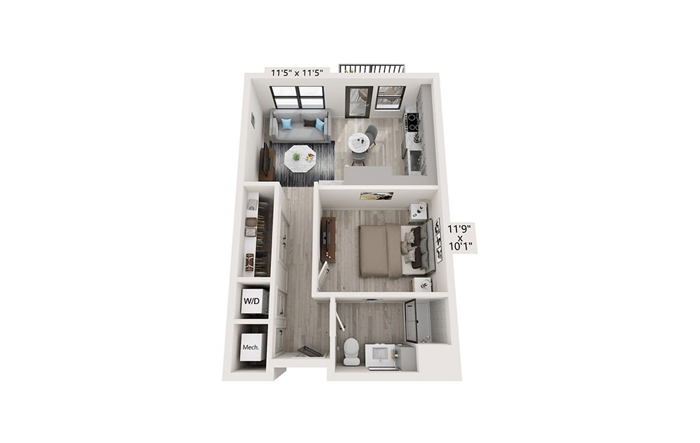 E1 - 1 bedroom floorplan layout with 1 bath and 590 square feet.