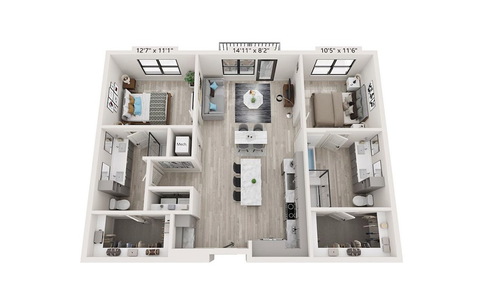 B4 - 2 bedroom floorplan layout with 2 baths and 1188 square feet.