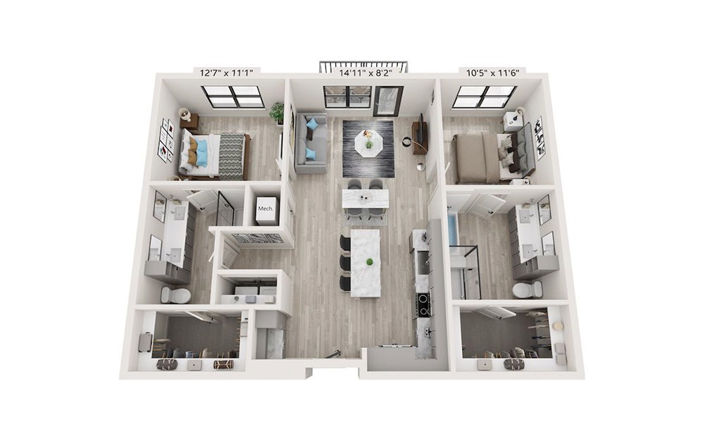 B4 - 2 bedroom floorplan layout with 2 bathrooms and 1188 square feet