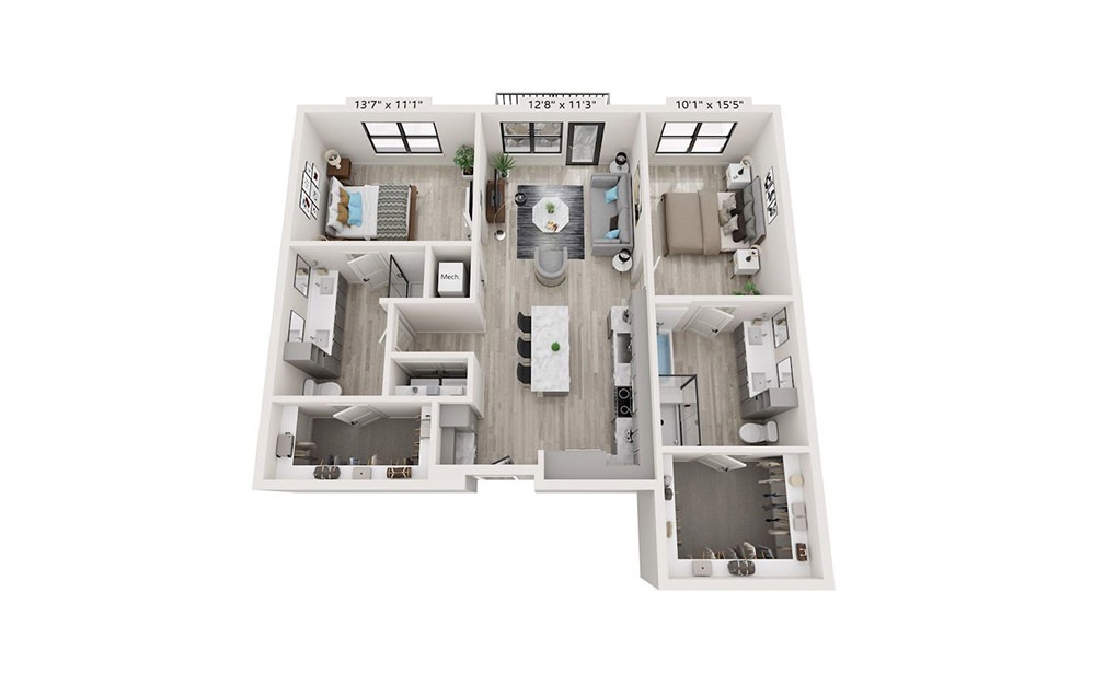 B5 - 2 bedroom floorplan layout with 2 bathrooms and 1229 square feet