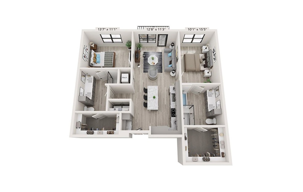 B5 - 2 bedroom floorplan layout with 2 baths and 1229 square feet.