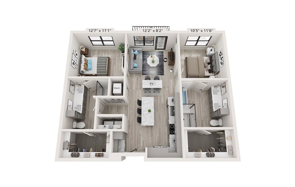 B2 - 2 bedroom floorplan layout with 2 baths and 1103 square feet.