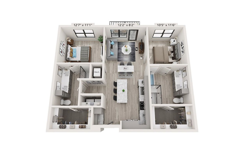 B2 - 2 bedroom floorplan layout with 2 bathrooms and 1103 square feet