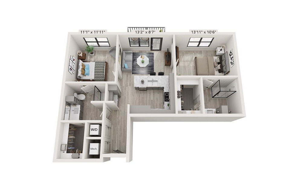 B1 - 2 bedroom floorplan layout with 2 baths and 962 square feet.